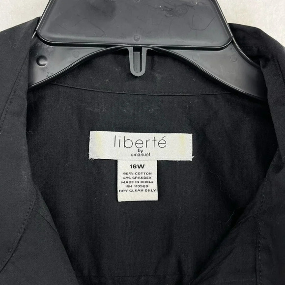 Liberte Button-Up Shirt Women's Sz 16W Black Plain Pleated Collared Stretch - Picture 10 of 11
